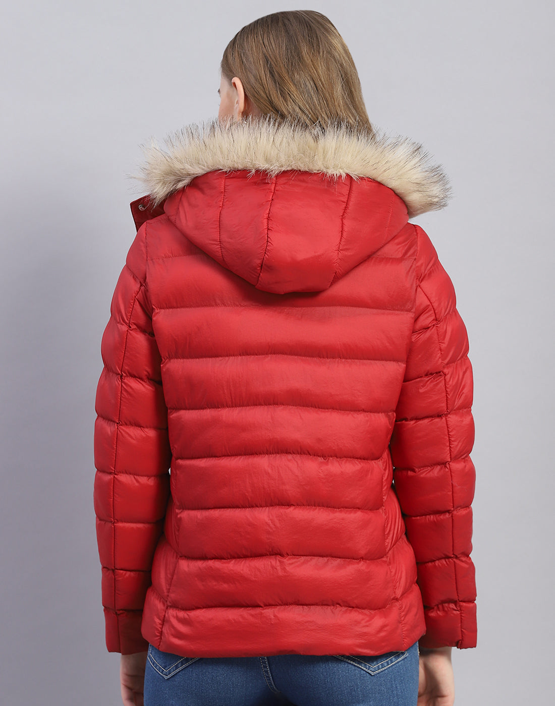 Women Red Solid Hooded Full Sleeve Jacket