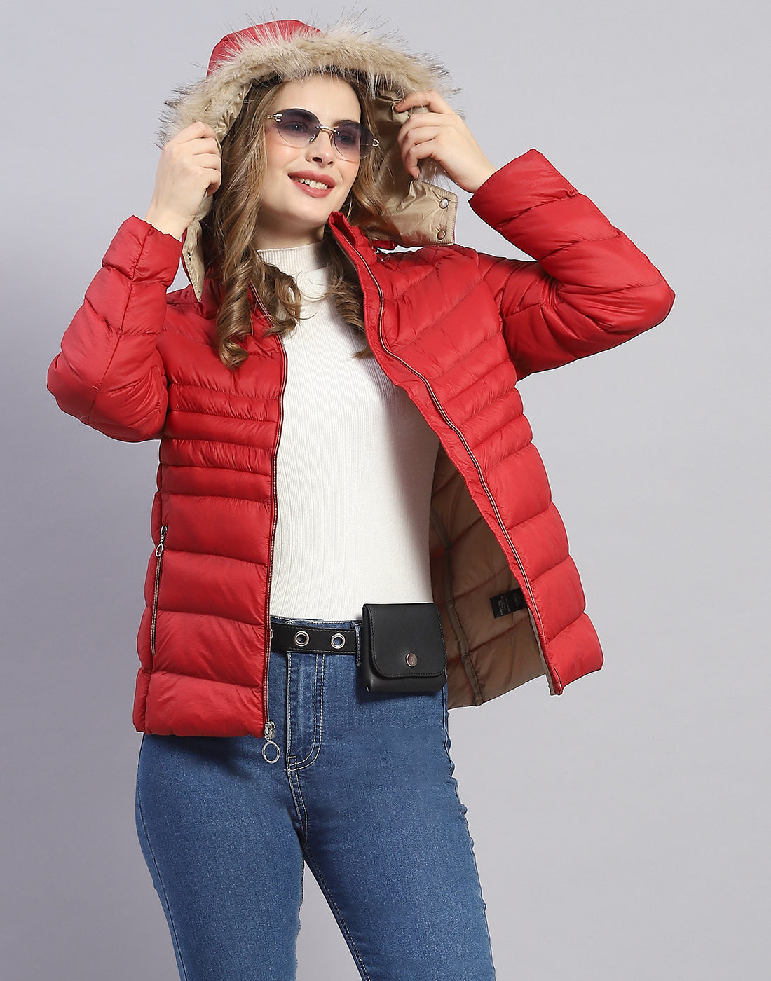 Women Red Solid Hooded Full Sleeve Jacket