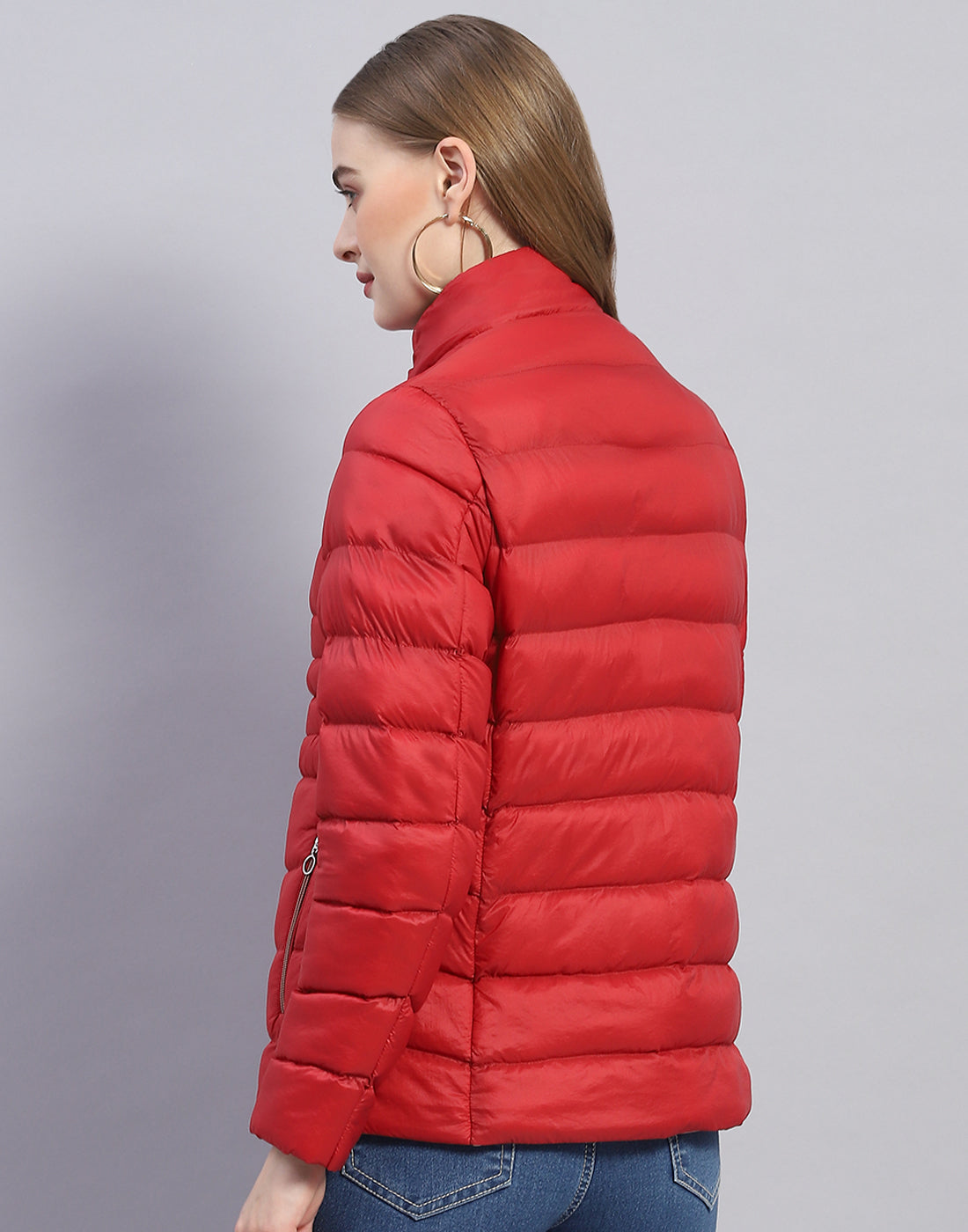 Women Red Solid Hooded Full Sleeve Jacket