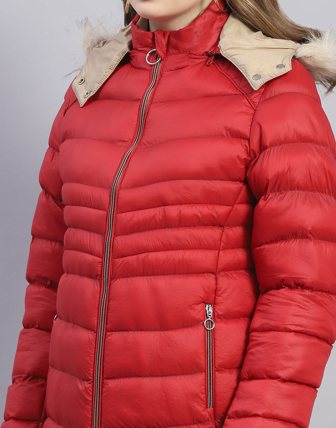 Women Red Solid Hooded Full Sleeve Jacket