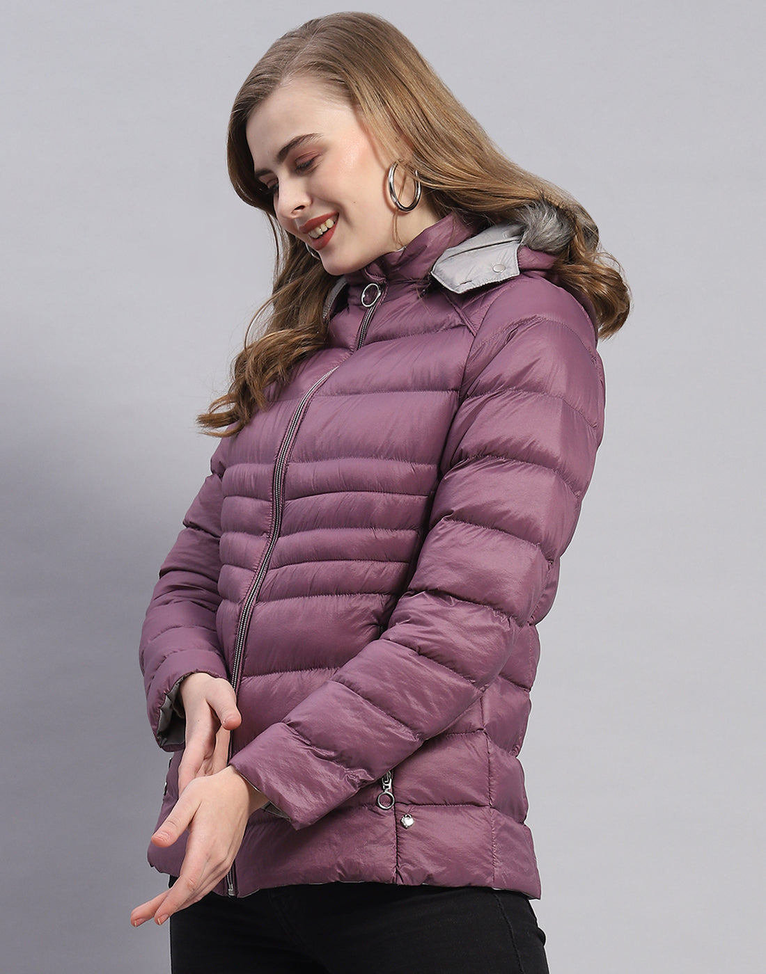 Women Purple Solid Hooded Full Sleeve Jacket