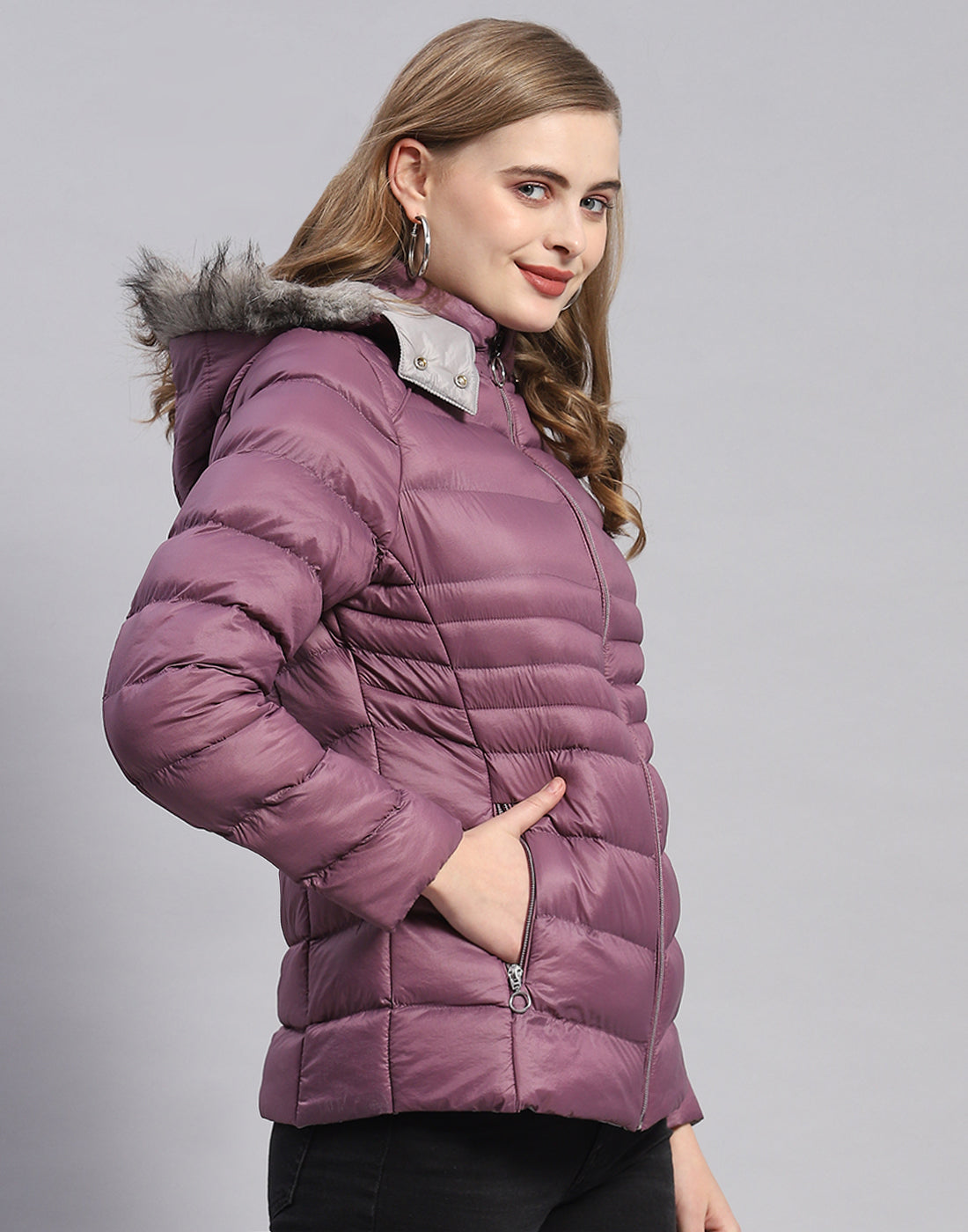 Women Purple Solid Hooded Full Sleeve Jacket