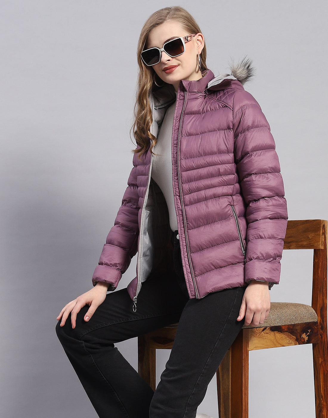 Women Purple Solid Hooded Full Sleeve Jacket