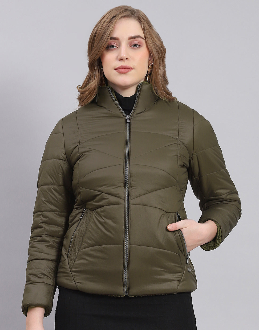 Women Olive Solid Stand Collar Full Sleeve Jacket