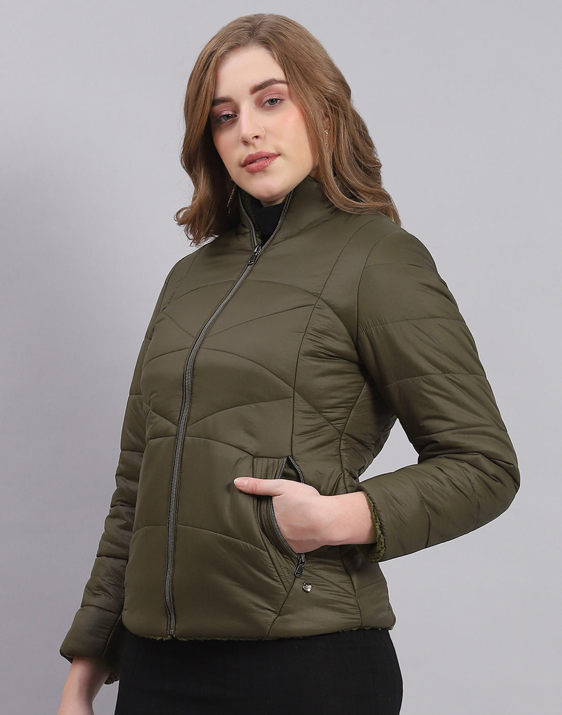 Women Olive Solid Stand Collar Full Sleeve Jacket