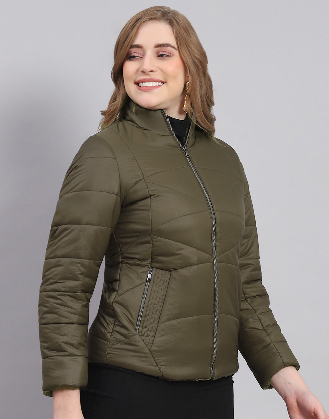 Women Olive Solid Stand Collar Full Sleeve Jacket