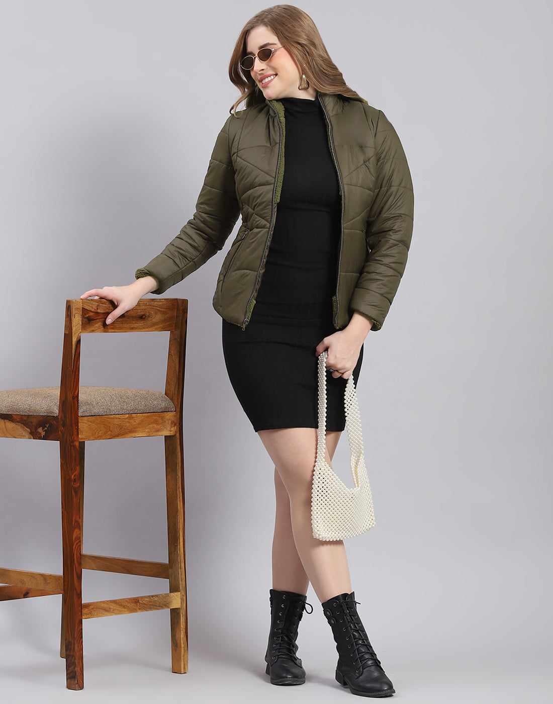 Women Olive Solid Stand Collar Full Sleeve Jacket