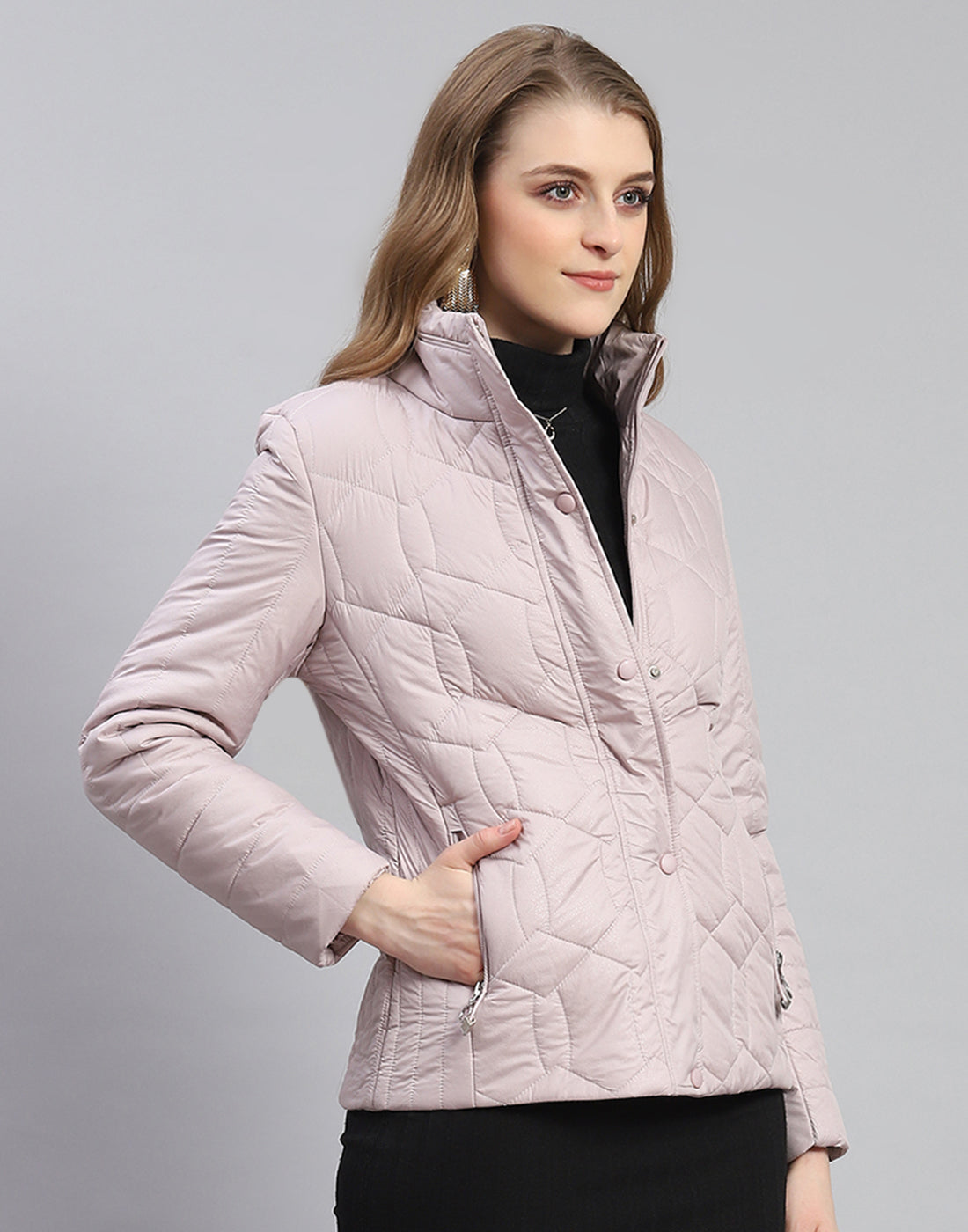 Women Purple Solid Stand Collar Full Sleeve Jacket