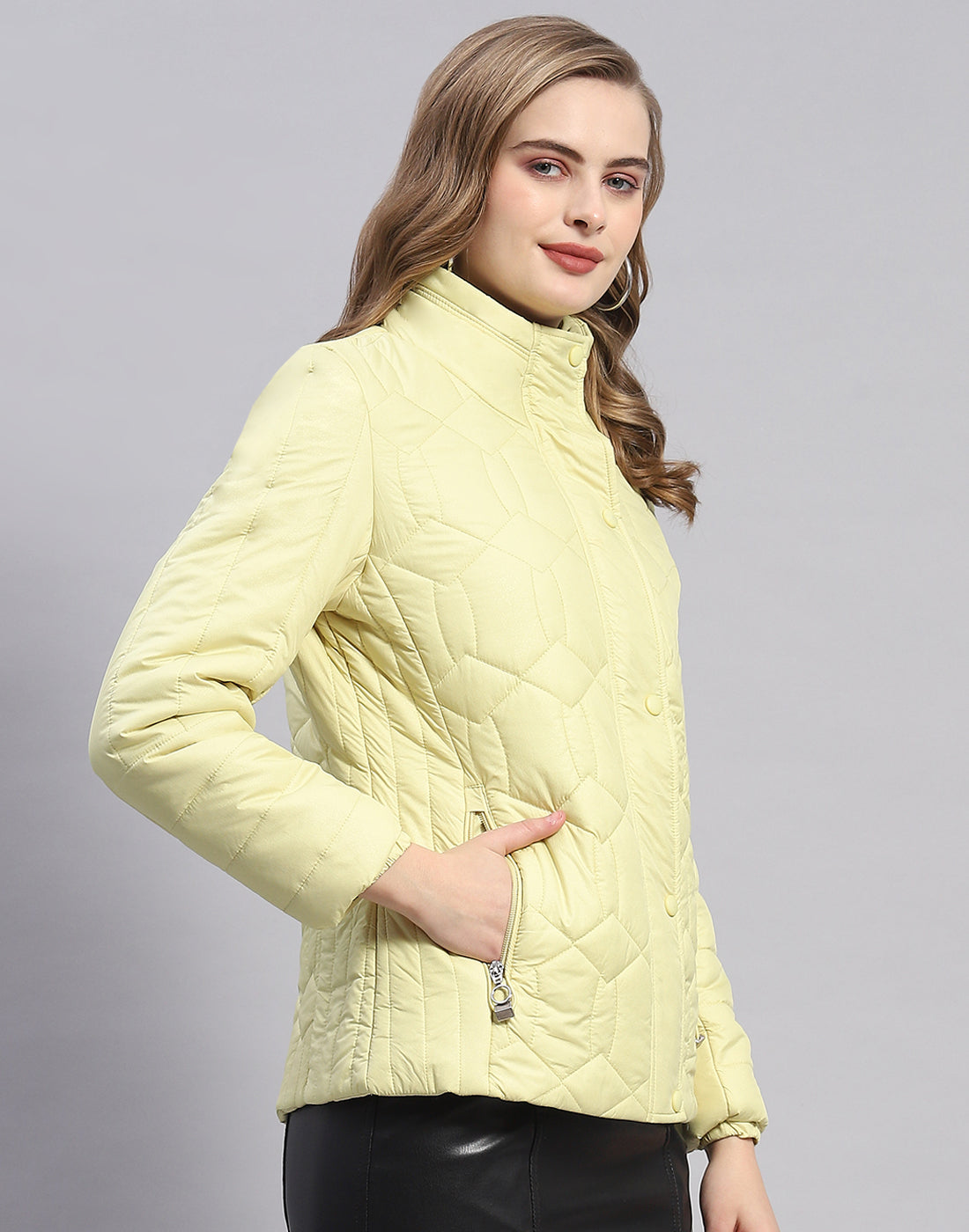 Women Yellow Self Design Stand Collar Full Sleeve Jacket