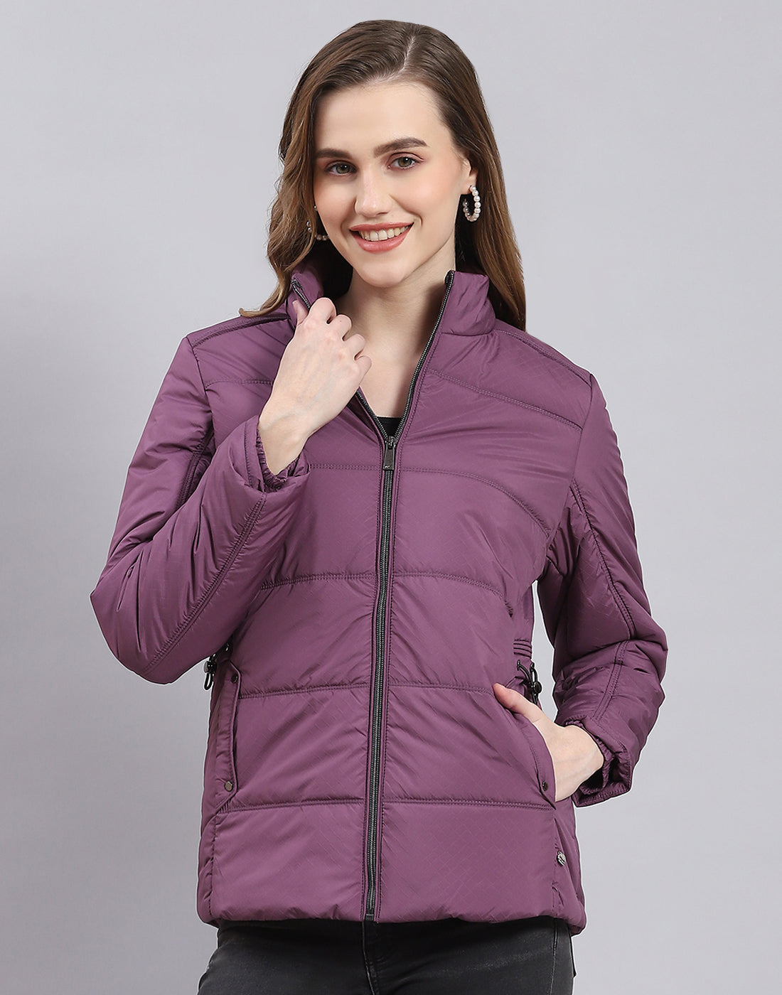 Women Purple Solid Stand Collar Full Sleeve Jacket