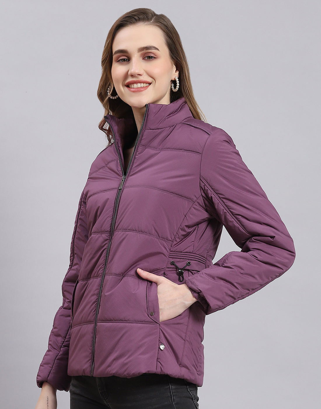 Women Purple Solid Stand Collar Full Sleeve Jacket