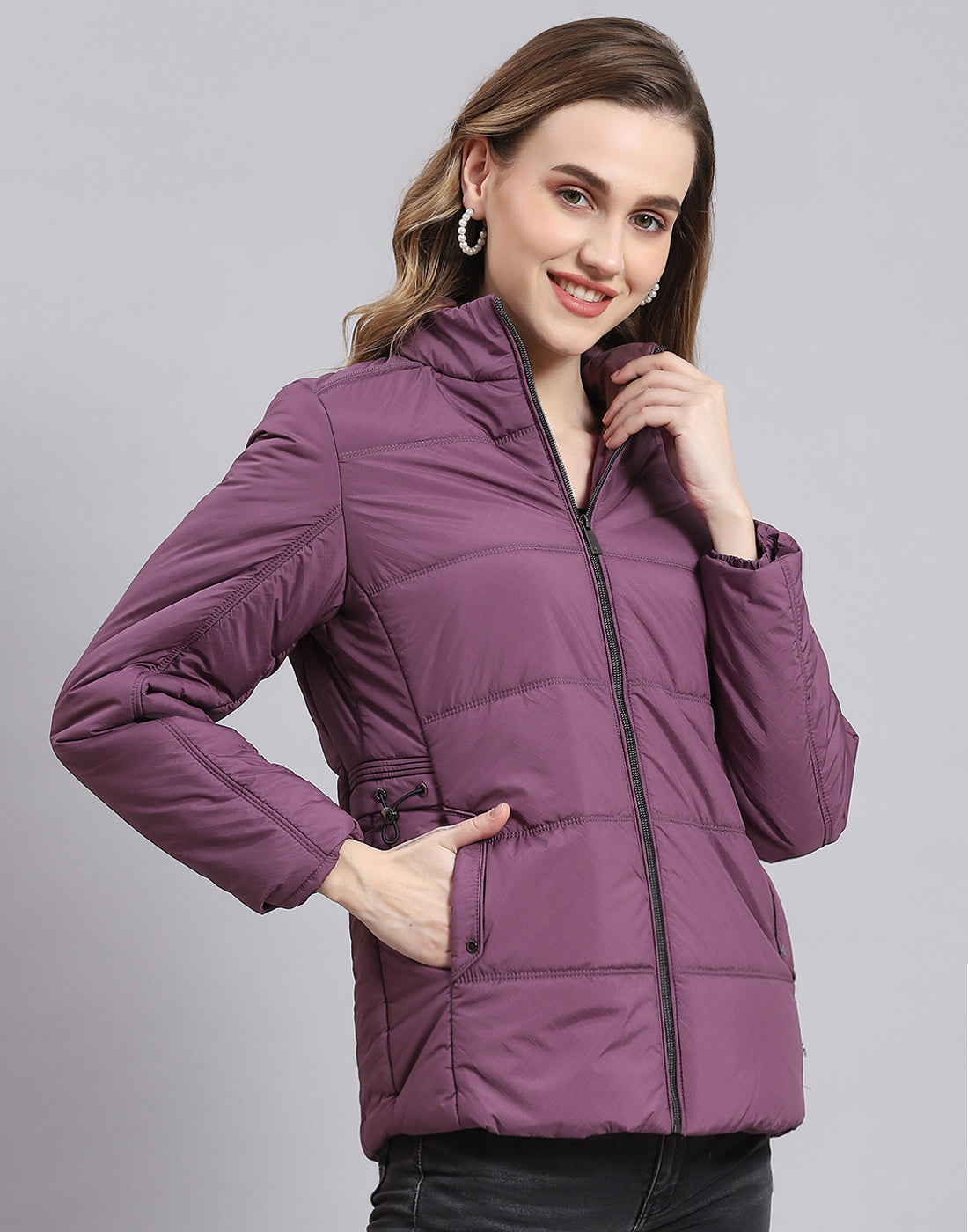 Women Purple Solid Stand Collar Full Sleeve Jacket