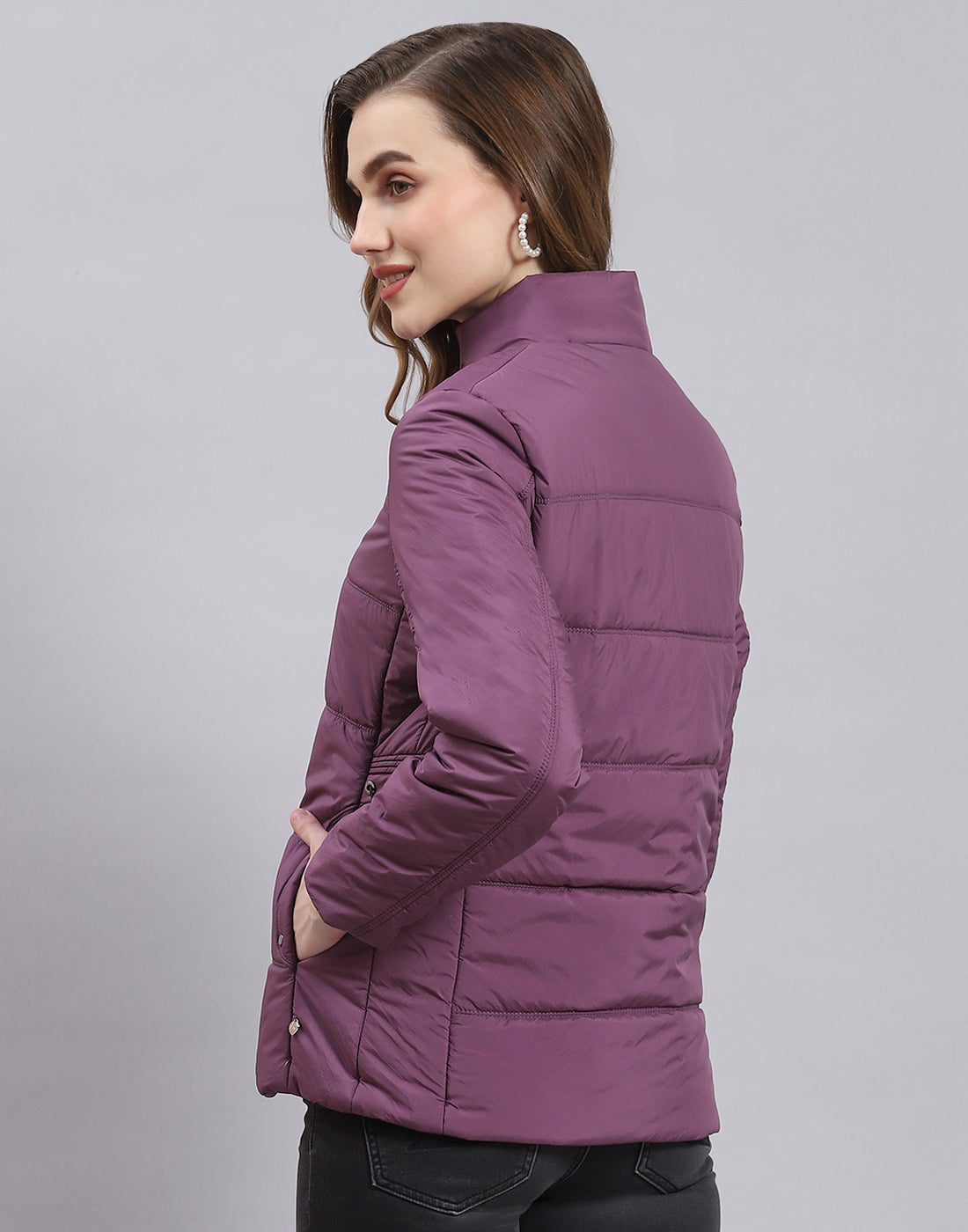 Women Purple Solid Stand Collar Full Sleeve Jacket