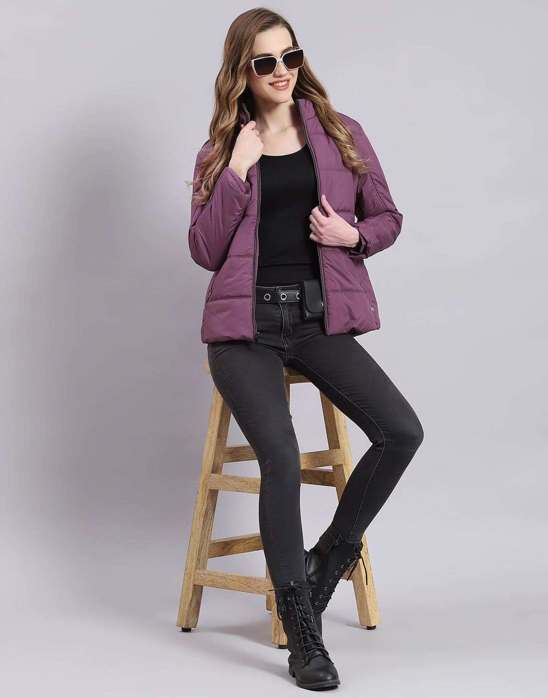 Women Purple Solid Stand Collar Full Sleeve Jacket