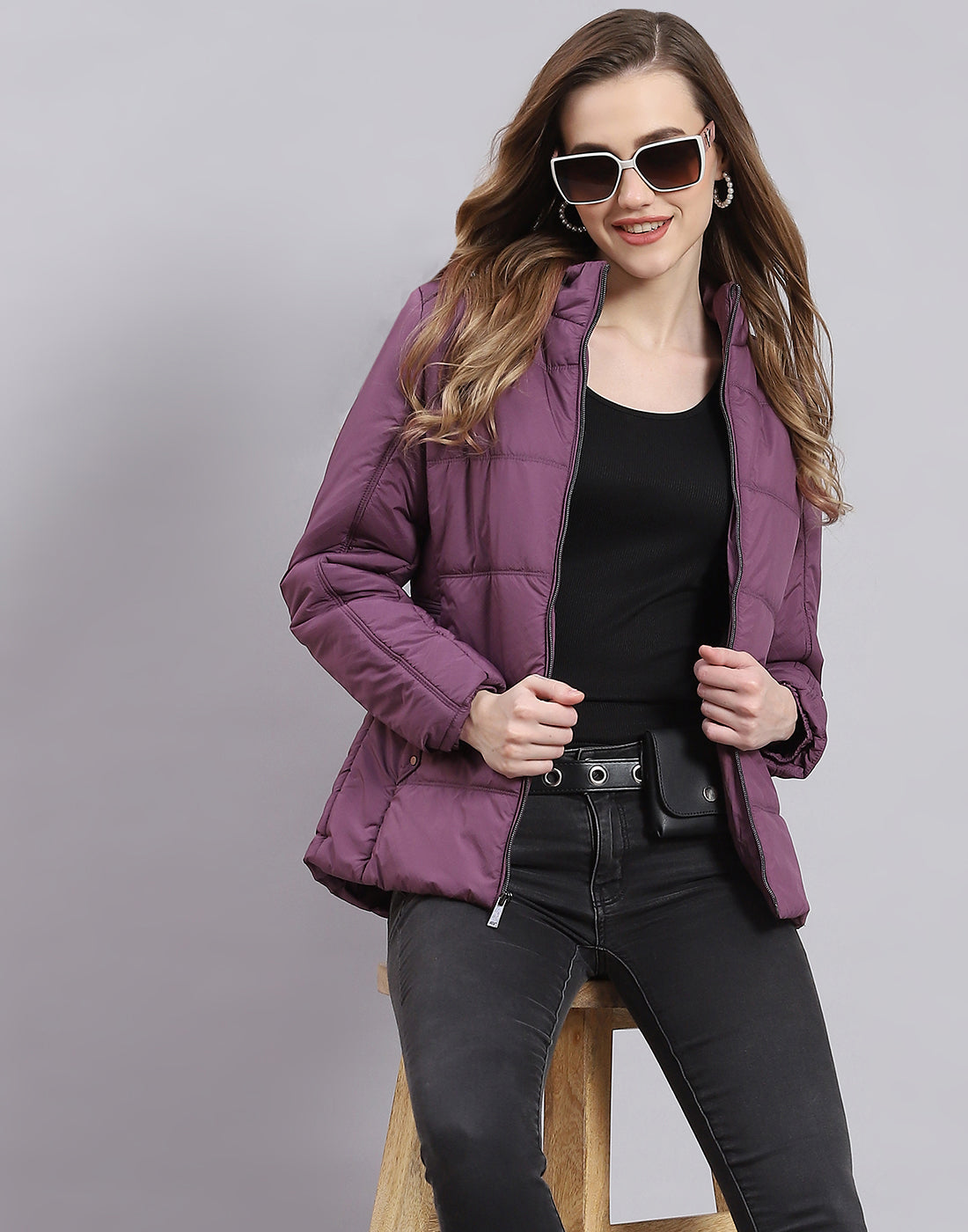 Women Purple Solid Stand Collar Full Sleeve Jacket