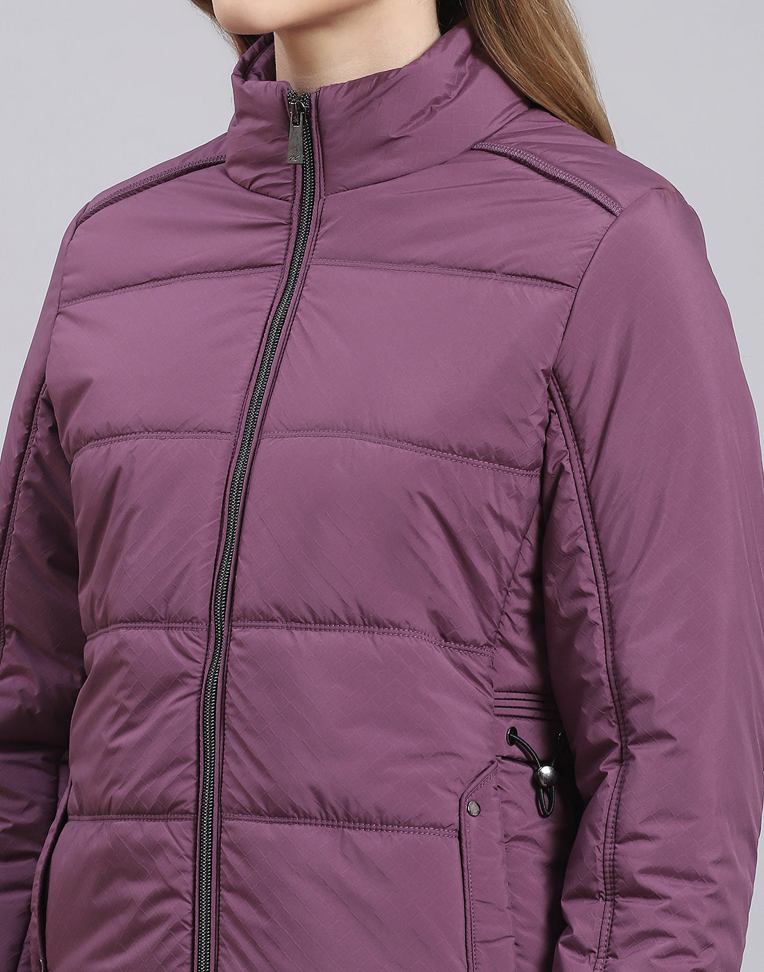 Women Purple Solid Stand Collar Full Sleeve Jacket