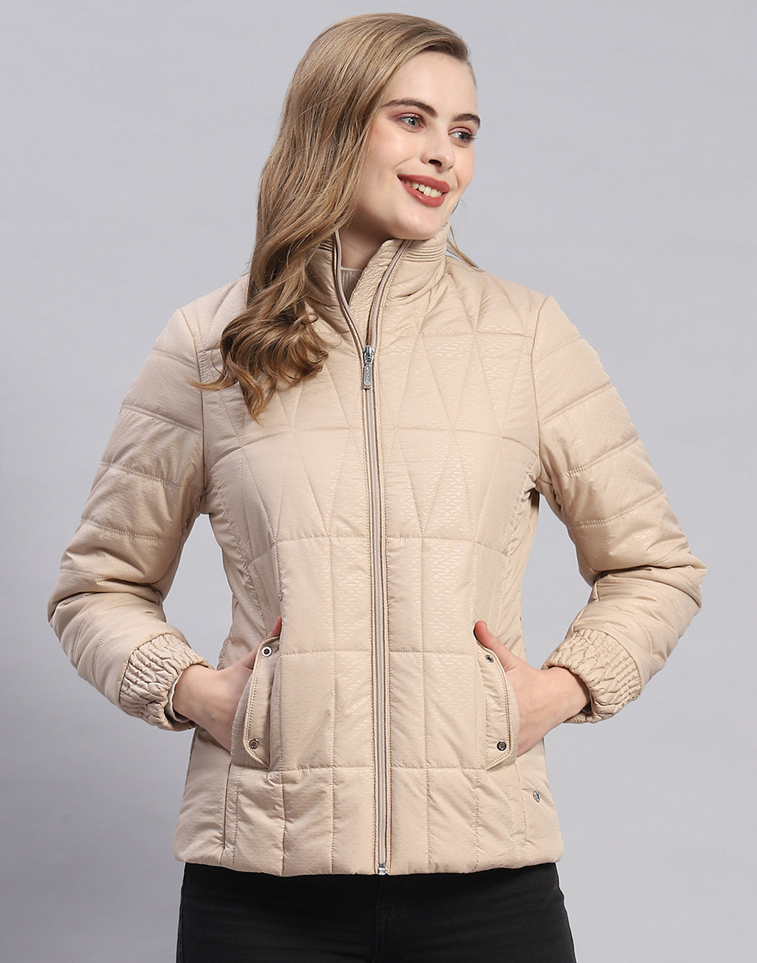 Women Beige Self Design Stand Collar Full Sleeve Jacket