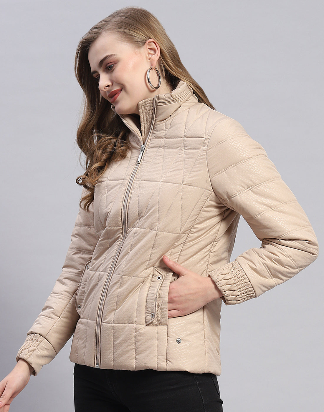 Women Beige Self Design Stand Collar Full Sleeve Jacket