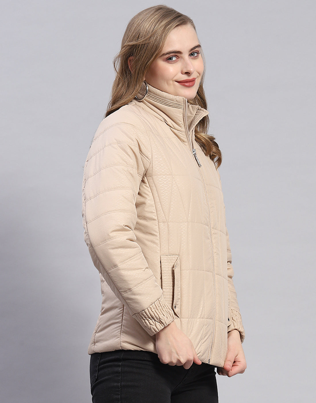 Women Beige Self Design Stand Collar Full Sleeve Jacket