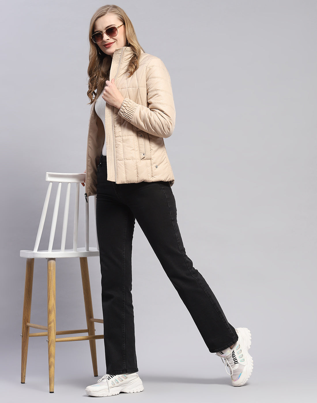 Women Beige Self Design Stand Collar Full Sleeve Jacket