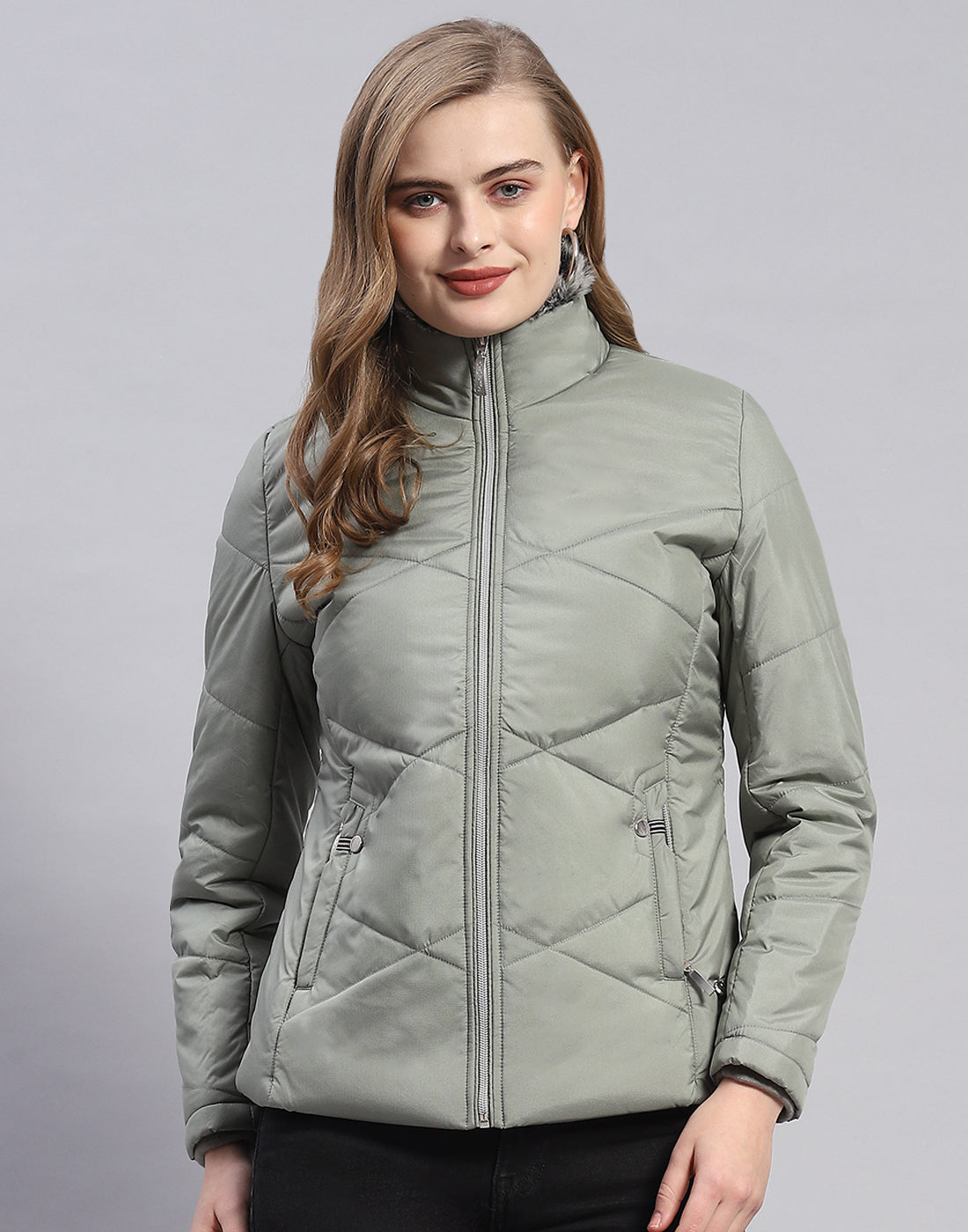 Women Olive Solid Stand Collar Full Sleeve Jacket