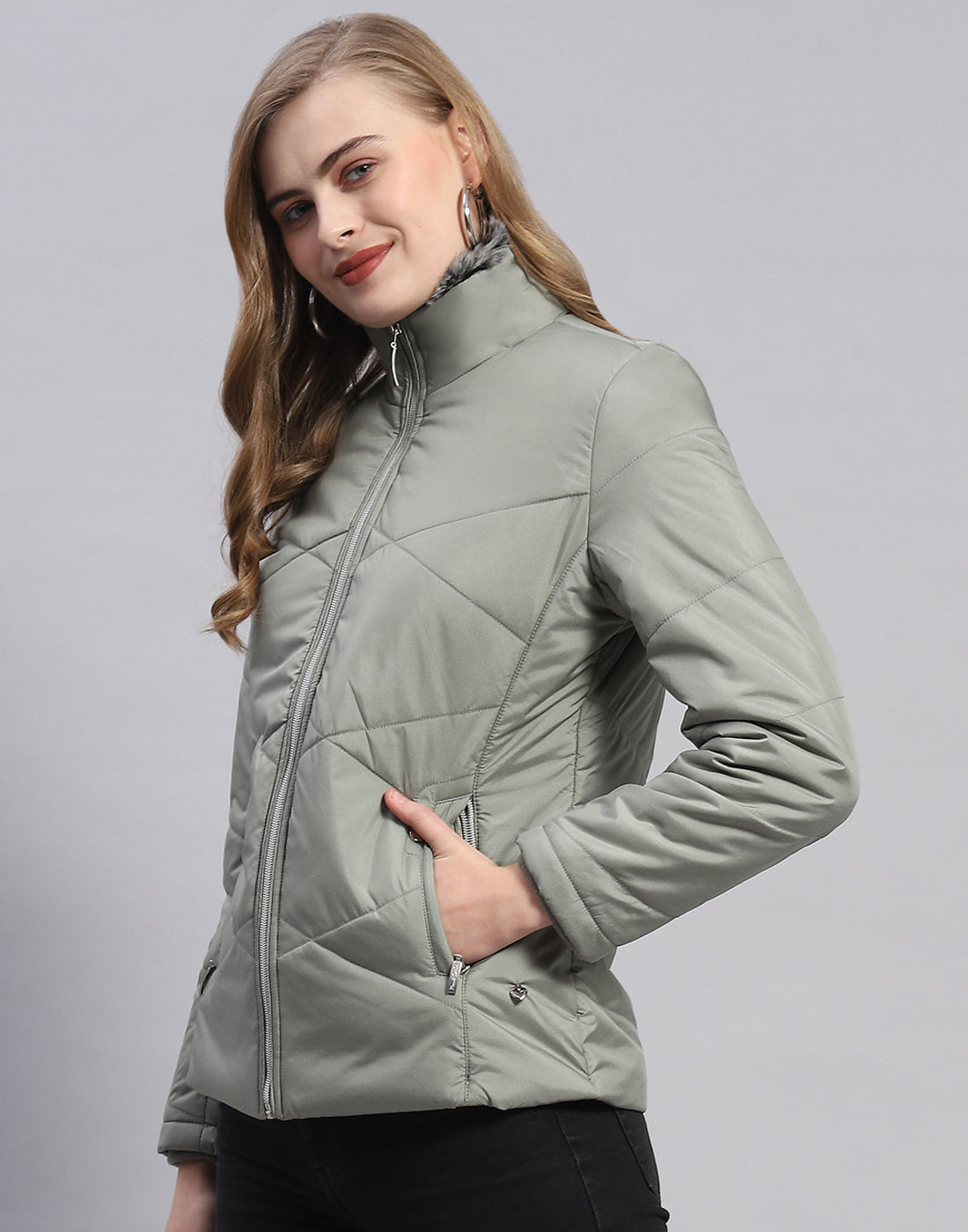 Women Olive Solid Stand Collar Full Sleeve Jacket