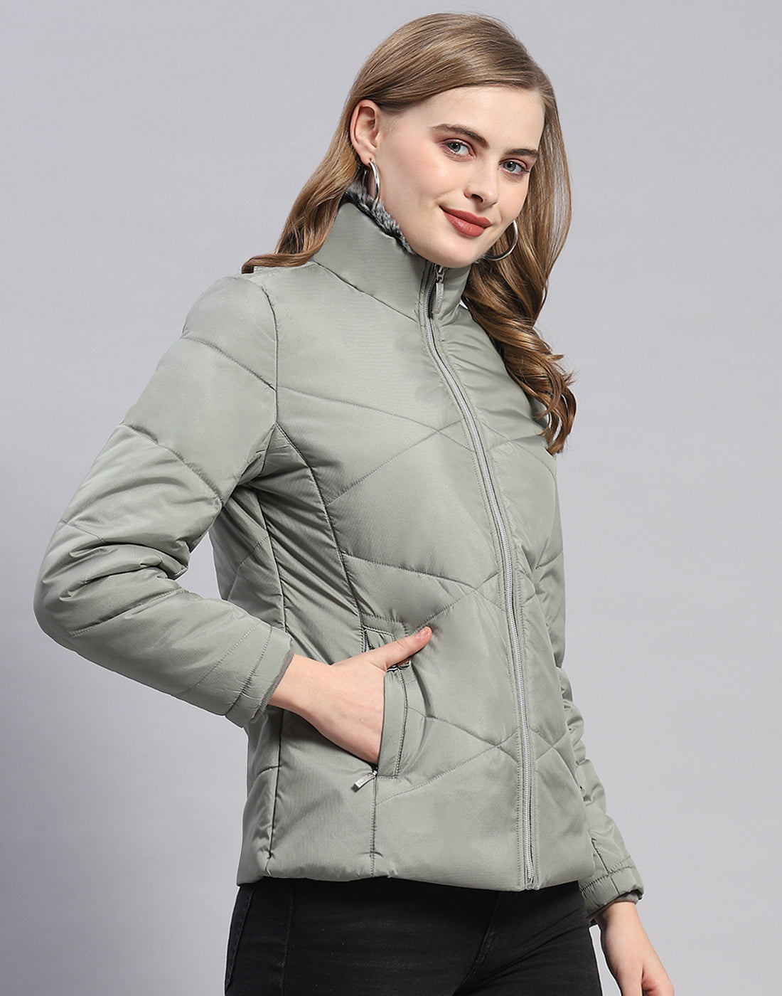 Women Olive Solid Stand Collar Full Sleeve Jacket