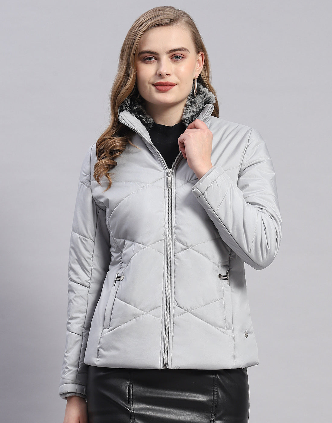 Women Grey Solid Stand Collar Full Sleeve Jacket