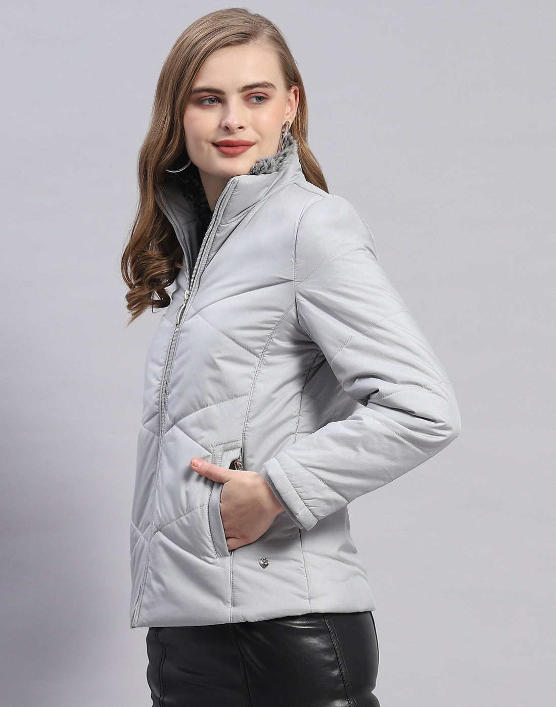 Women Grey Solid Stand Collar Full Sleeve Jacket