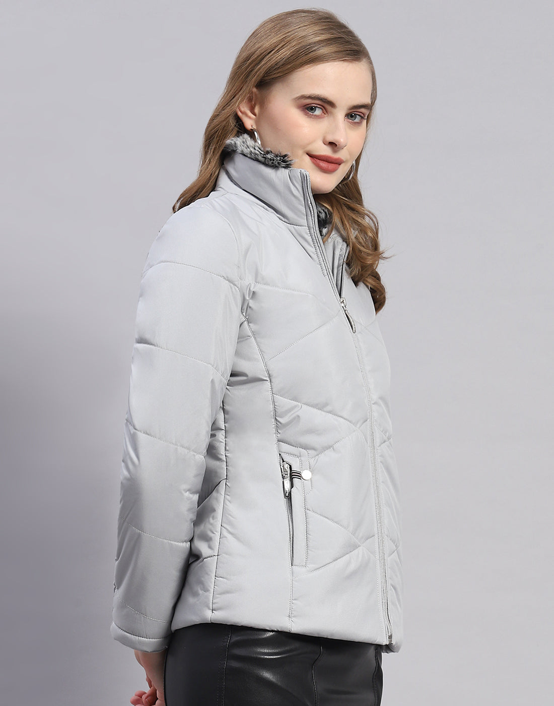 Women Grey Solid Stand Collar Full Sleeve Jacket