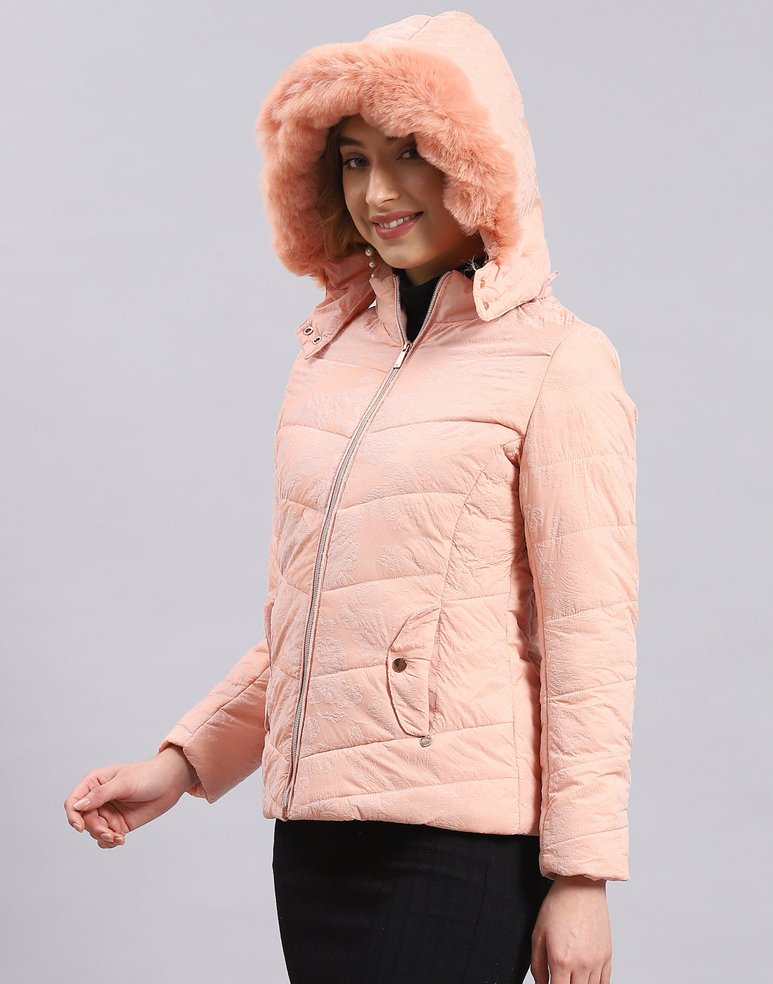 Women Peach Printed Hooded Full Sleeve Jacket