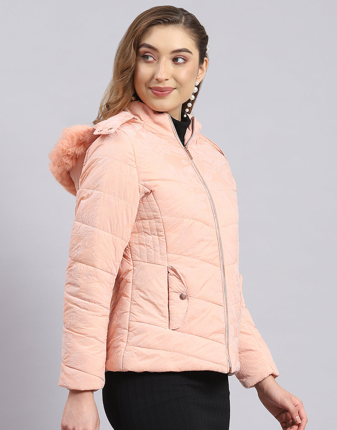 Women Peach Printed Hooded Full Sleeve Jacket