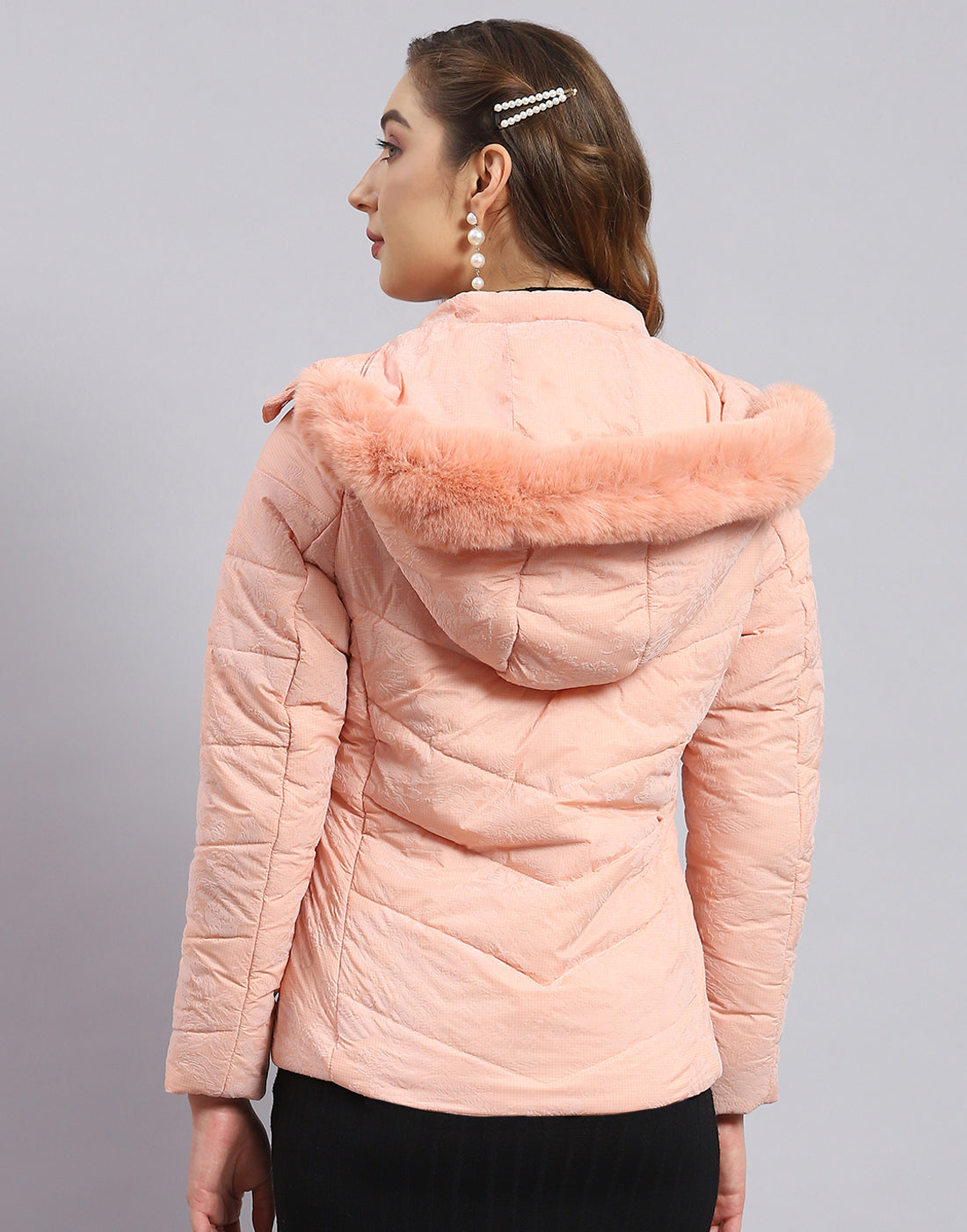 Women Peach Printed Hooded Full Sleeve Jacket