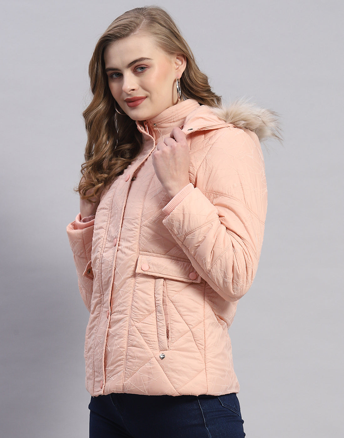 Women Peach Solid Hooded Full Sleeve Jacket