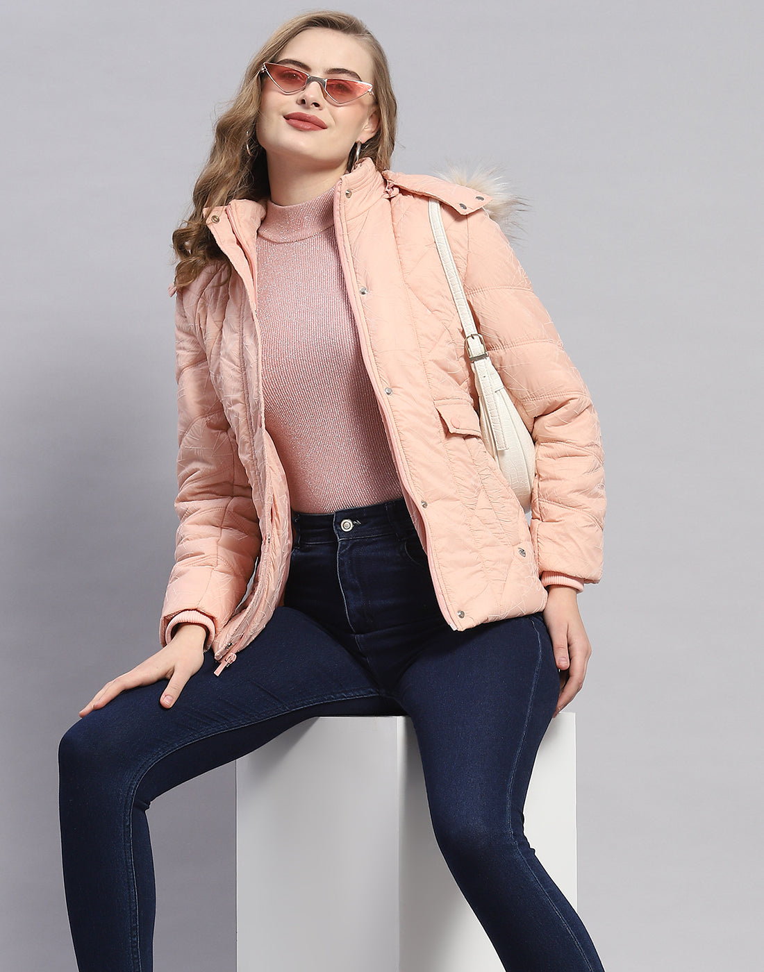 Women Peach Solid Hooded Full Sleeve Jacket