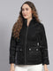 Women Black Solid Stand Collar Full Sleeve Jackets