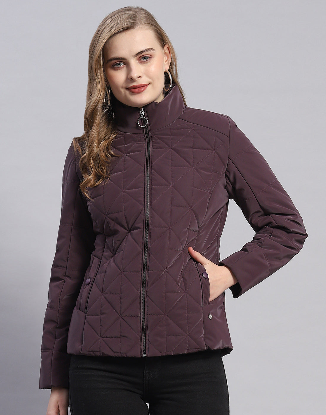 Women Purple Solid Stand Collar Full Sleeve Jacket