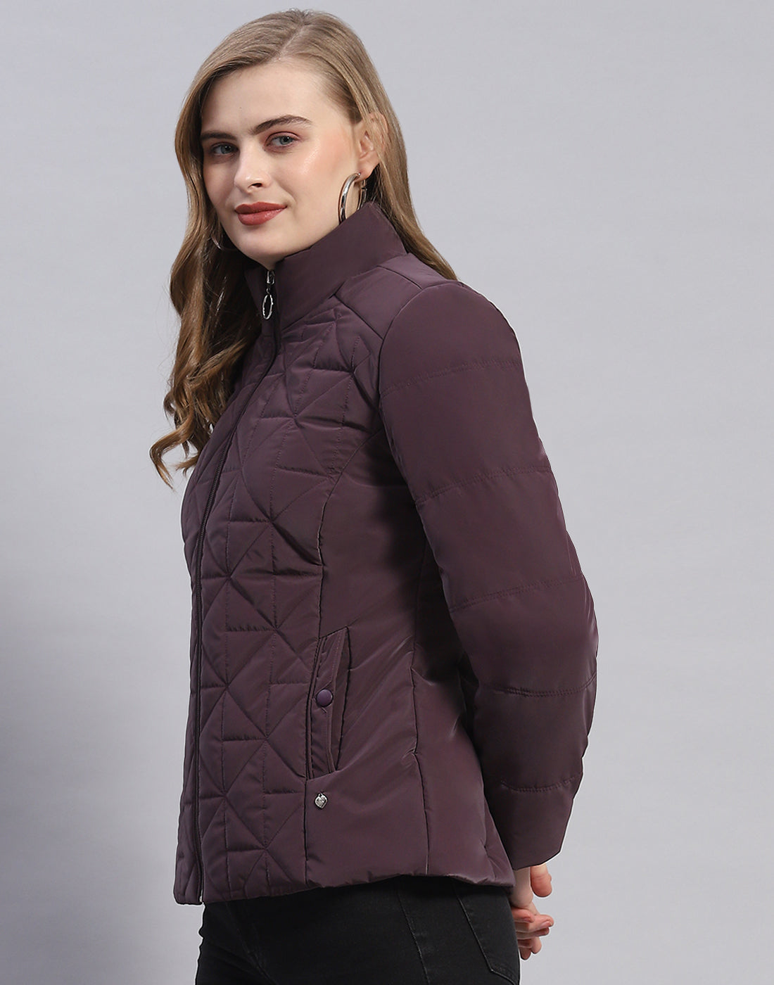 Women Purple Solid Stand Collar Full Sleeve Jacket