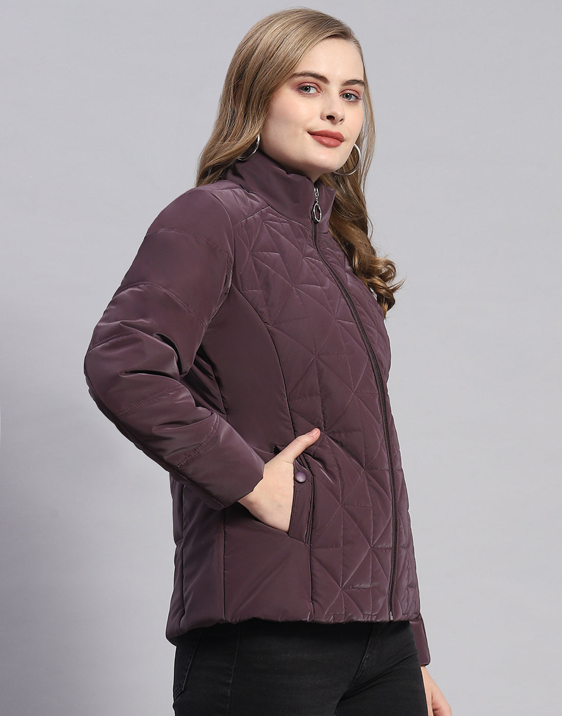 Women Purple Solid Stand Collar Full Sleeve Jacket