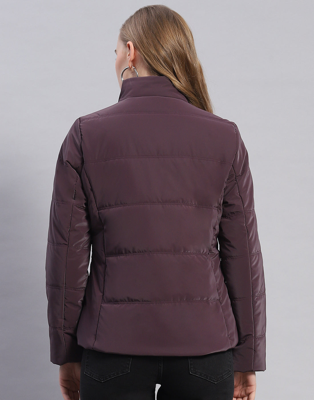 Women Purple Solid Stand Collar Full Sleeve Jacket