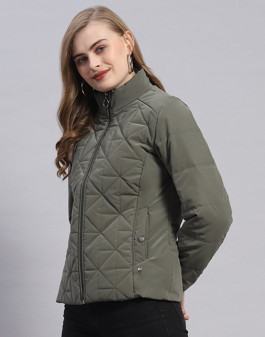 Women Olive Solid Stand Collar Full Sleeve Jacket