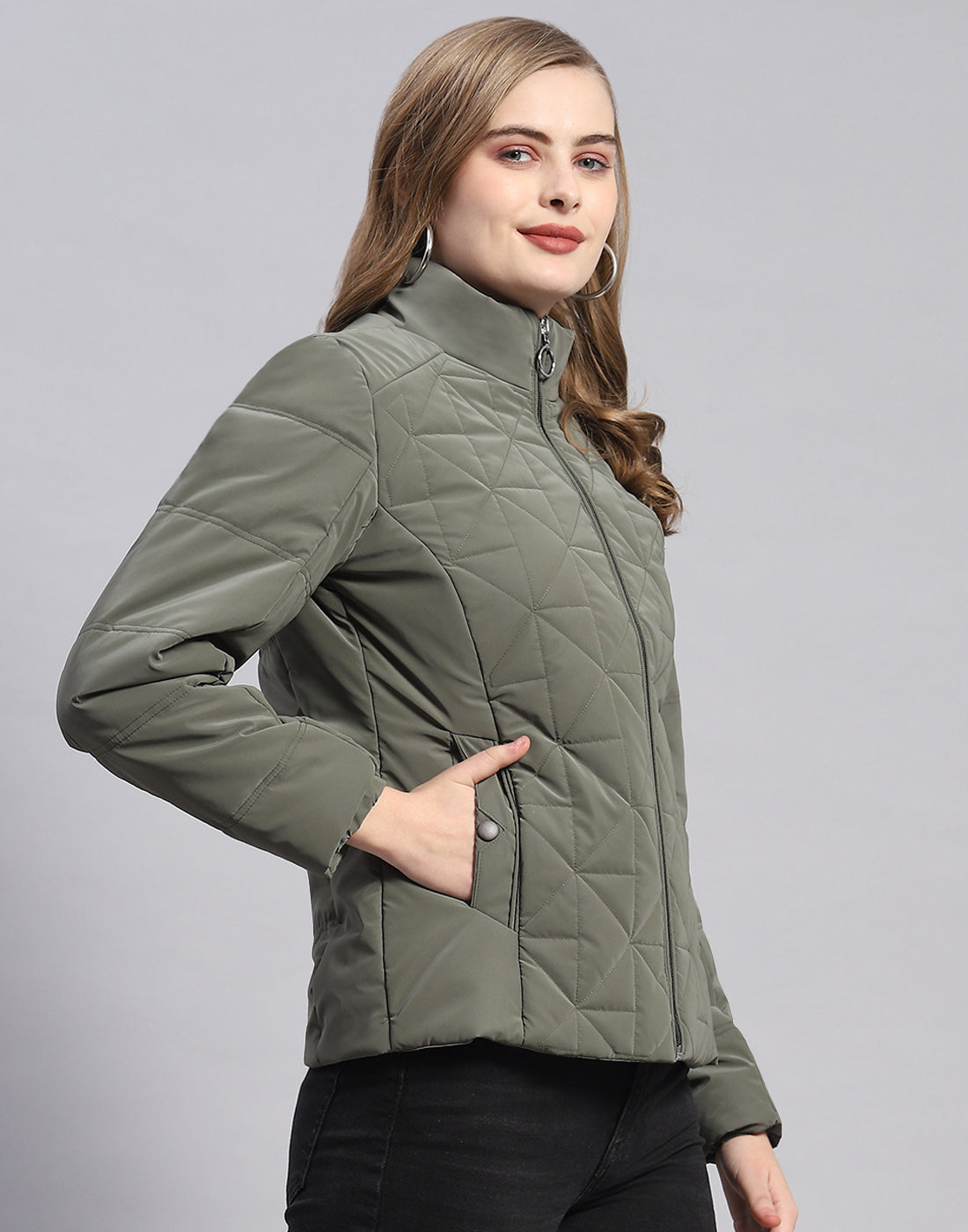 Women Olive Solid Stand Collar Full Sleeve Jacket