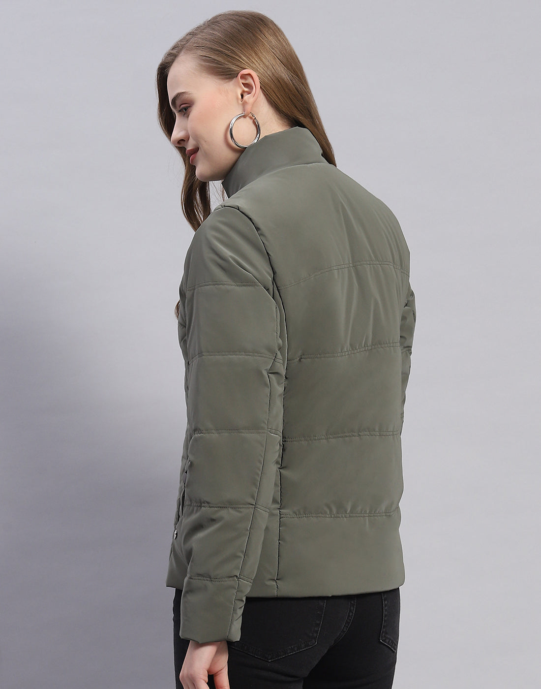 Women Olive Solid Stand Collar Full Sleeve Jacket