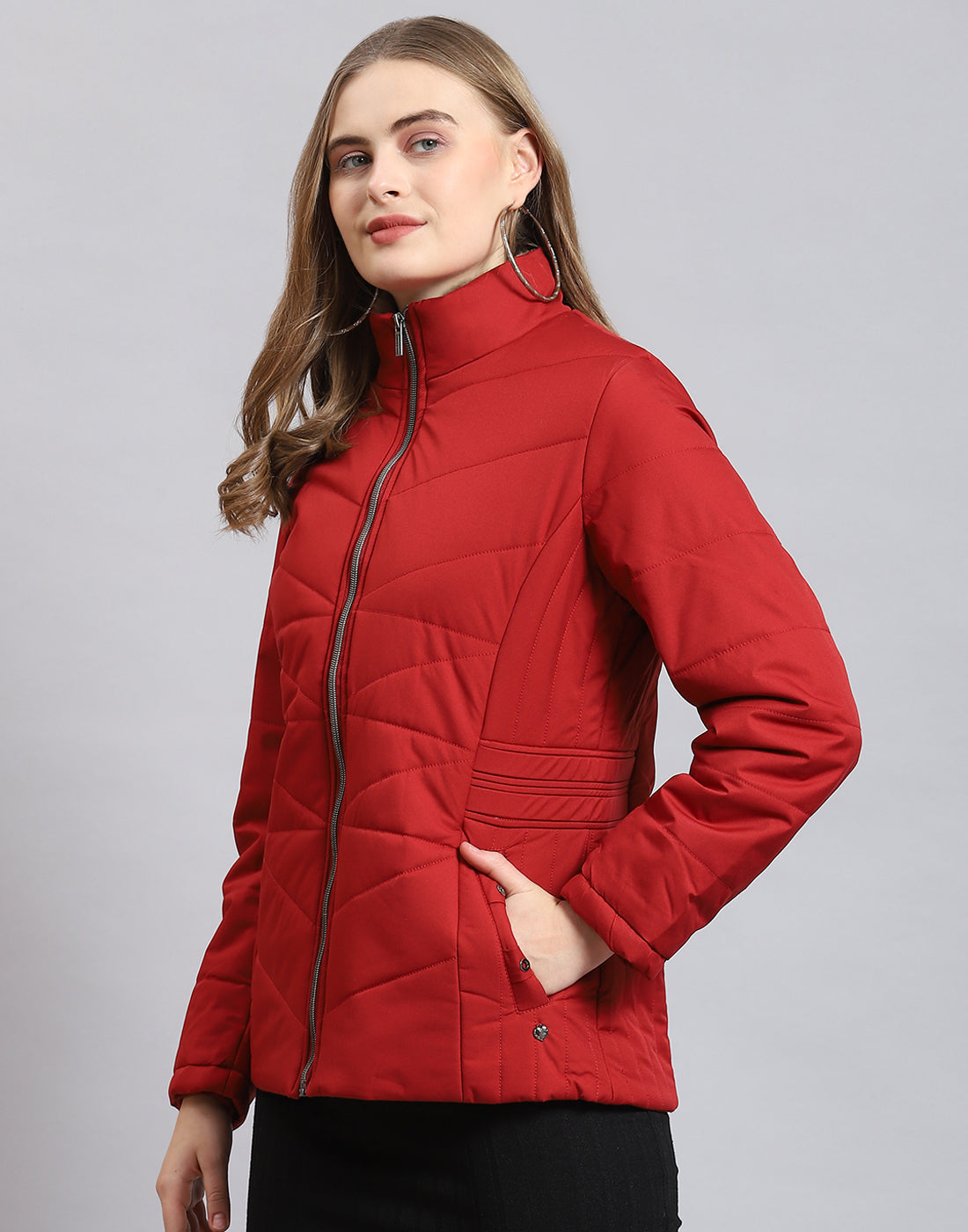 Women Red Solid Stand Collar Full Sleeve Jacket