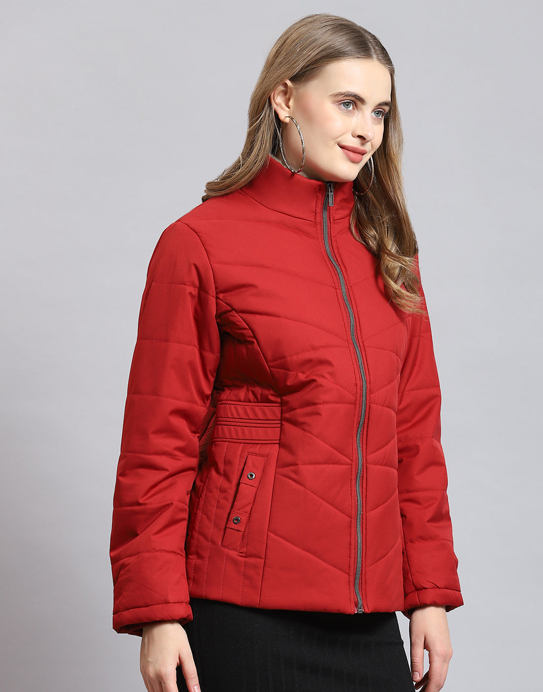 Women Red Solid Stand Collar Full Sleeve Jacket