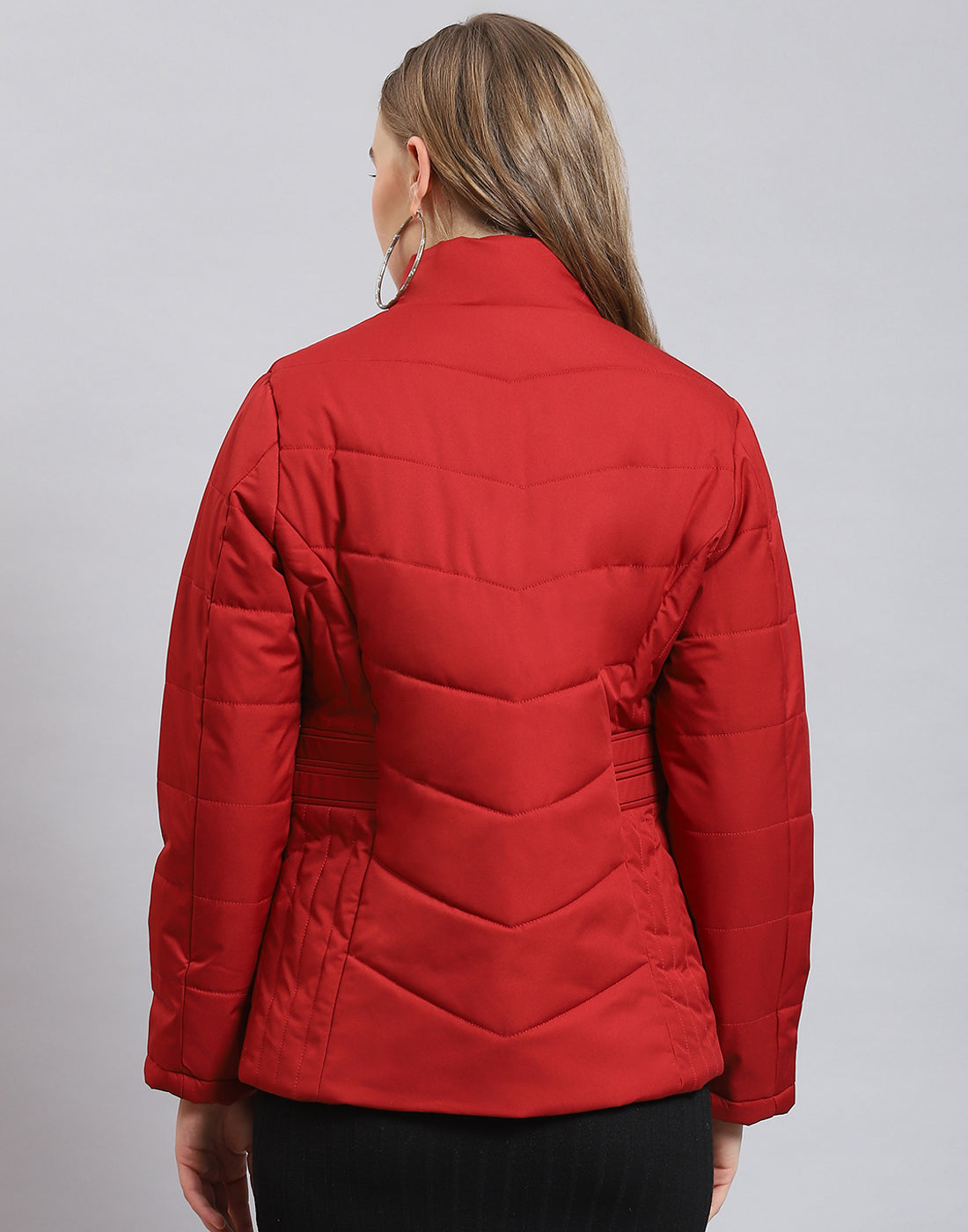 Women Red Solid Stand Collar Full Sleeve Jacket