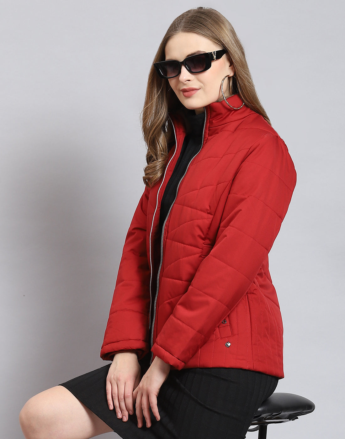 Women Red Solid Stand Collar Full Sleeve Jacket