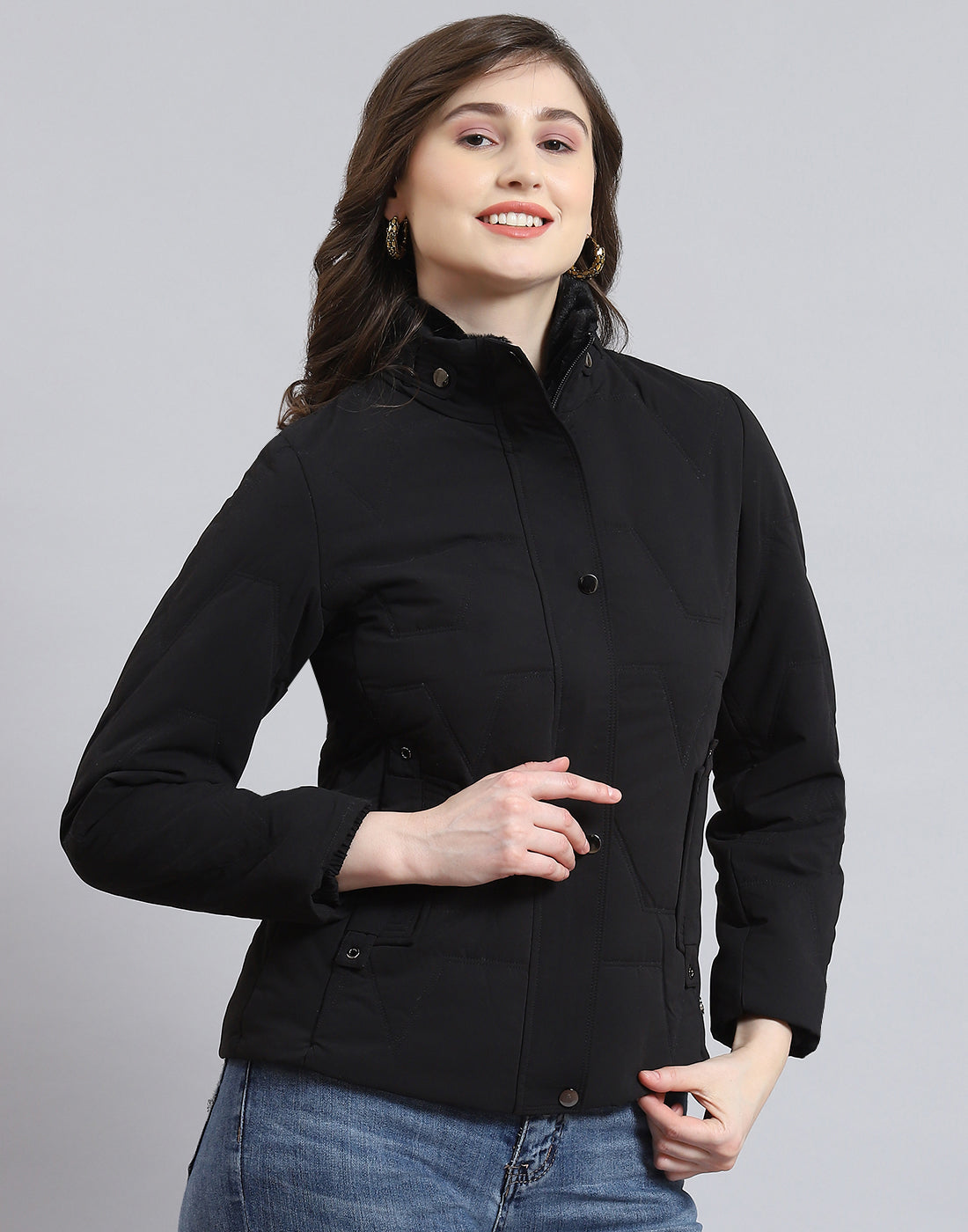 Women Black Solid Stand Collar Full Sleeve Jacket