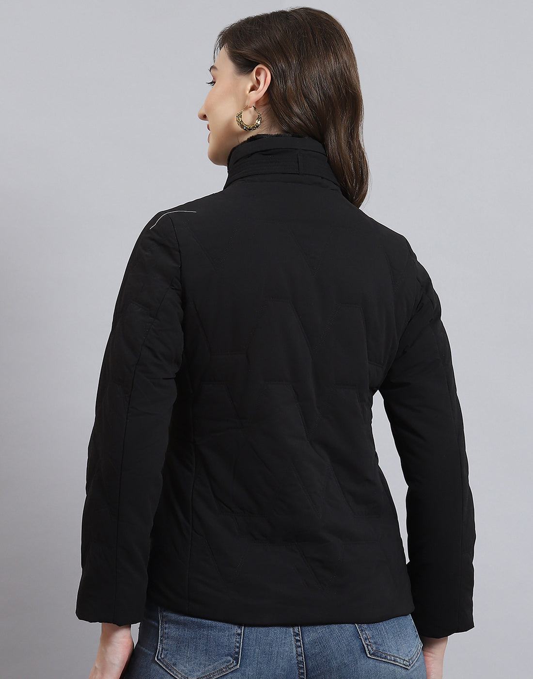 Women Black Solid Stand Collar Full Sleeve Jacket