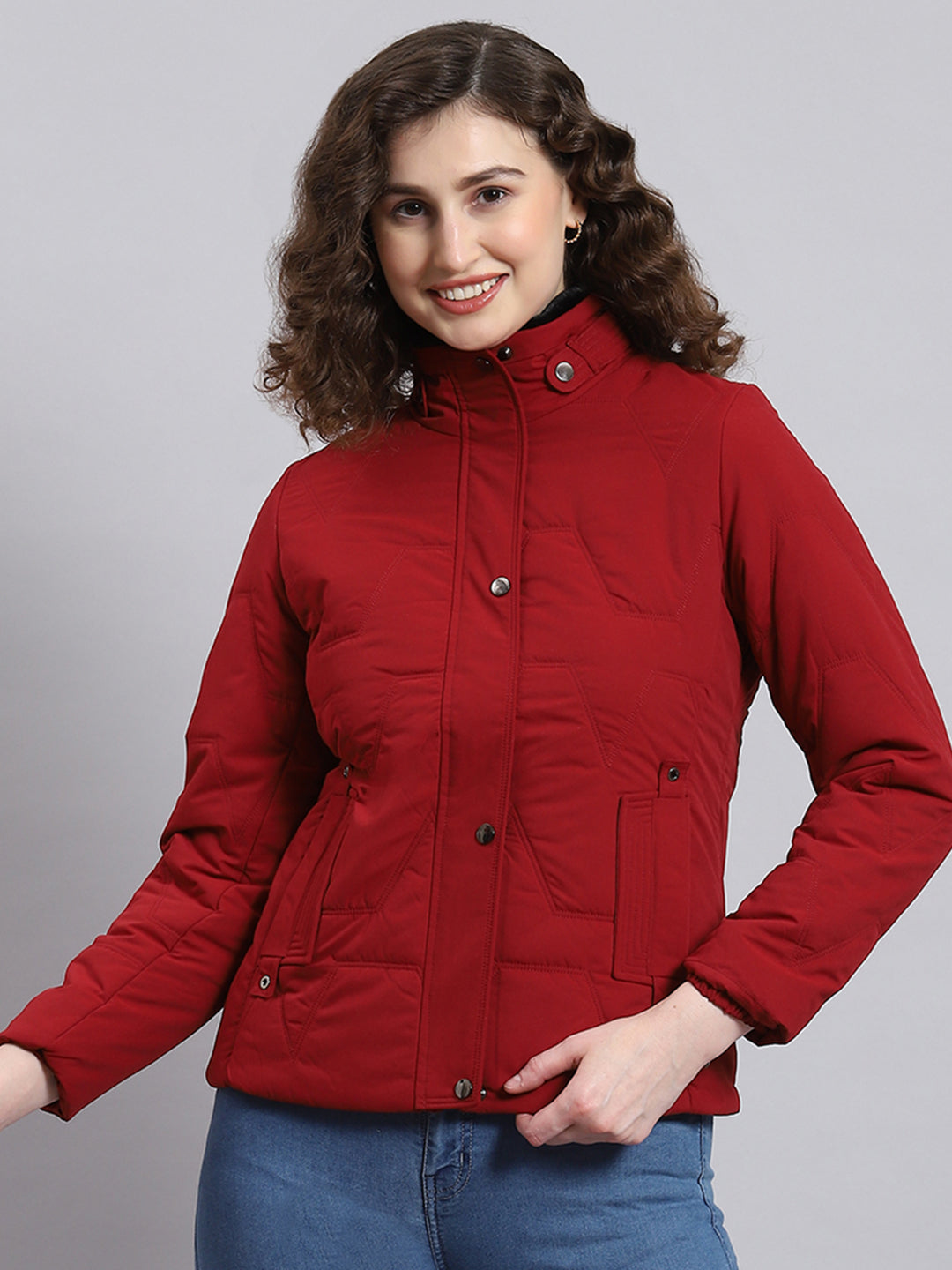 Women Maroon Solid Stand Collar Full Sleeve Jacket